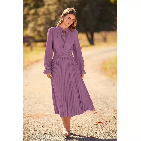 imagePRETTYGARDEN Womens 2024 Fall Midi Dress Casual Long Sleeve V Neck Swiss Dot Pleated A Line Flowy DressesPurple