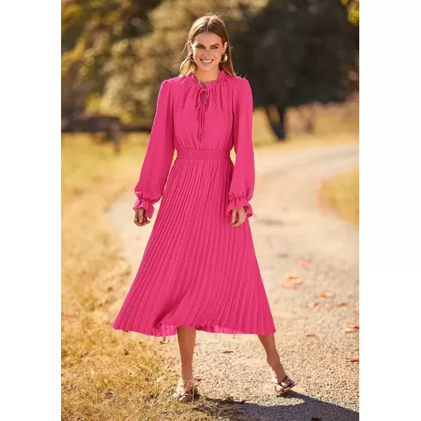 imagePRETTYGARDEN Womens 2024 Fall Midi Dress Casual Long Sleeve V Neck Swiss Dot Pleated A Line Flowy DressesRose Pink