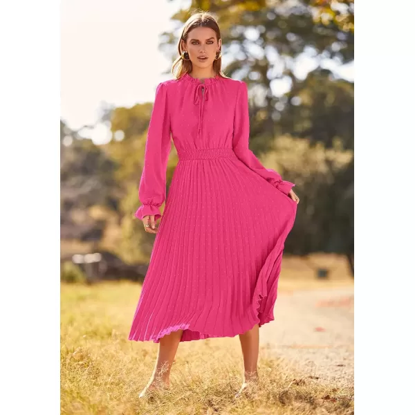 imagePRETTYGARDEN Womens 2024 Fall Midi Dress Casual Long Sleeve V Neck Swiss Dot Pleated A Line Flowy DressesRose Pink
