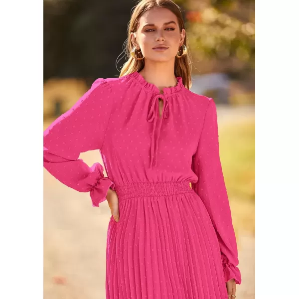 imagePRETTYGARDEN Womens 2024 Fall Midi Dress Casual Long Sleeve V Neck Swiss Dot Pleated A Line Flowy DressesRose Pink