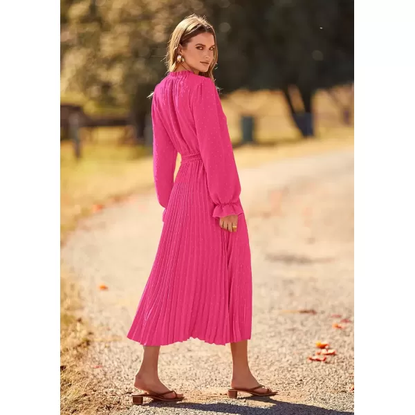 imagePRETTYGARDEN Womens 2024 Fall Midi Dress Casual Long Sleeve V Neck Swiss Dot Pleated A Line Flowy DressesRose Pink