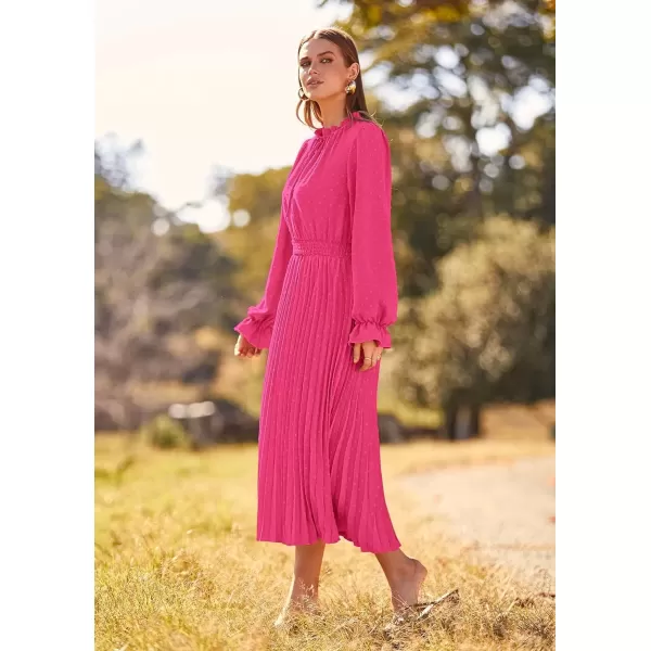 imagePRETTYGARDEN Womens 2024 Fall Midi Dress Casual Long Sleeve V Neck Swiss Dot Pleated A Line Flowy DressesRose Pink