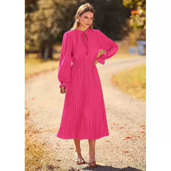 imagePRETTYGARDEN Womens 2024 Fall Midi Dress Casual Long Sleeve V Neck Swiss Dot Pleated A Line Flowy DressesRose Pink