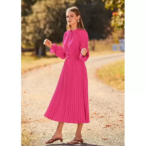 imagePRETTYGARDEN Womens 2024 Fall Midi Dress Casual Long Sleeve V Neck Swiss Dot Pleated A Line Flowy DressesRose Pink