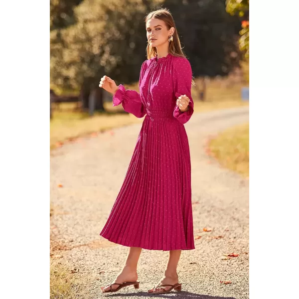 imagePRETTYGARDEN Womens 2024 Fall Midi Dress Casual Long Sleeve V Neck Swiss Dot Pleated A Line Flowy DressesRose Red