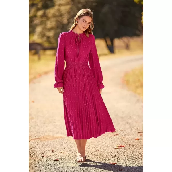 imagePRETTYGARDEN Womens 2024 Fall Midi Dress Casual Long Sleeve V Neck Swiss Dot Pleated A Line Flowy DressesRose Red
