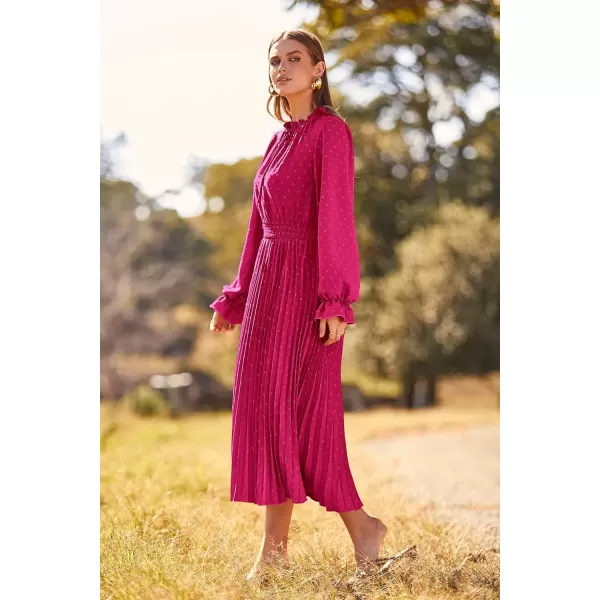 imagePRETTYGARDEN Womens 2024 Fall Midi Dress Casual Long Sleeve V Neck Swiss Dot Pleated A Line Flowy DressesRose Red