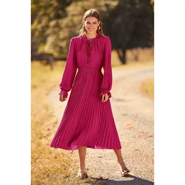 imagePRETTYGARDEN Womens 2024 Fall Midi Dress Casual Long Sleeve V Neck Swiss Dot Pleated A Line Flowy DressesRose Red