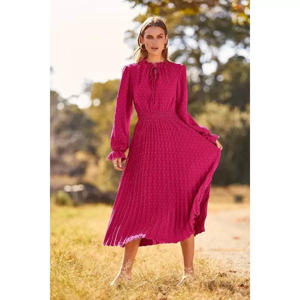 imagePRETTYGARDEN Womens 2024 Fall Midi Dress Casual Long Sleeve V Neck Swiss Dot Pleated A Line Flowy DressesRose Red
