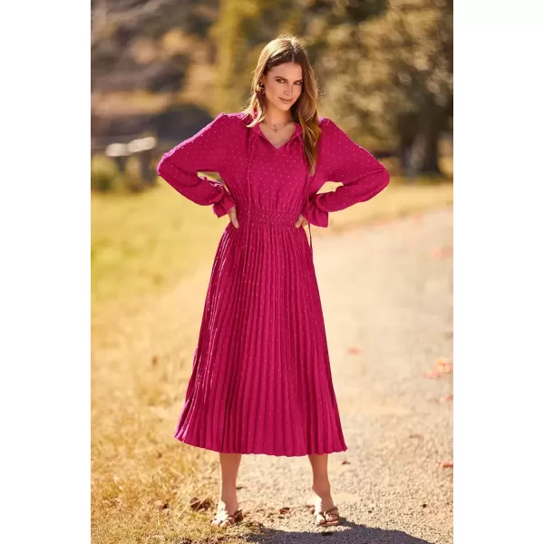 imagePRETTYGARDEN Womens 2024 Fall Midi Dress Casual Long Sleeve V Neck Swiss Dot Pleated A Line Flowy DressesRose Red