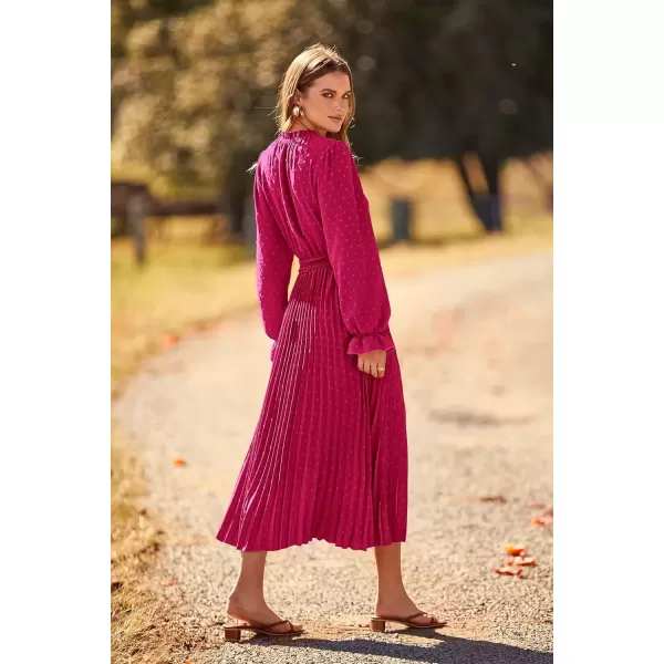 imagePRETTYGARDEN Womens 2024 Fall Midi Dress Casual Long Sleeve V Neck Swiss Dot Pleated A Line Flowy DressesRose Red