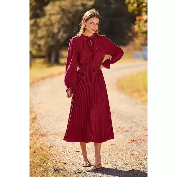 imagePRETTYGARDEN Womens 2024 Fall Midi Dress Casual Long Sleeve V Neck Swiss Dot Pleated A Line Flowy DressesWine Red
