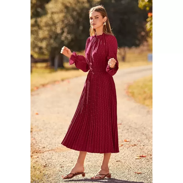 imagePRETTYGARDEN Womens 2024 Fall Midi Dress Casual Long Sleeve V Neck Swiss Dot Pleated A Line Flowy DressesWine Red