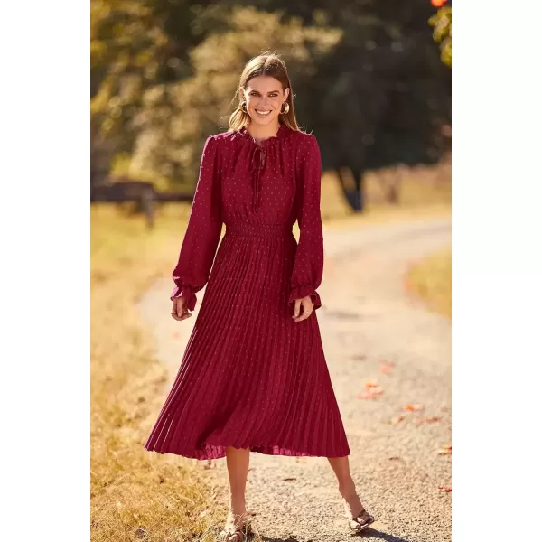 imagePRETTYGARDEN Womens 2024 Fall Midi Dress Casual Long Sleeve V Neck Swiss Dot Pleated A Line Flowy DressesWine Red
