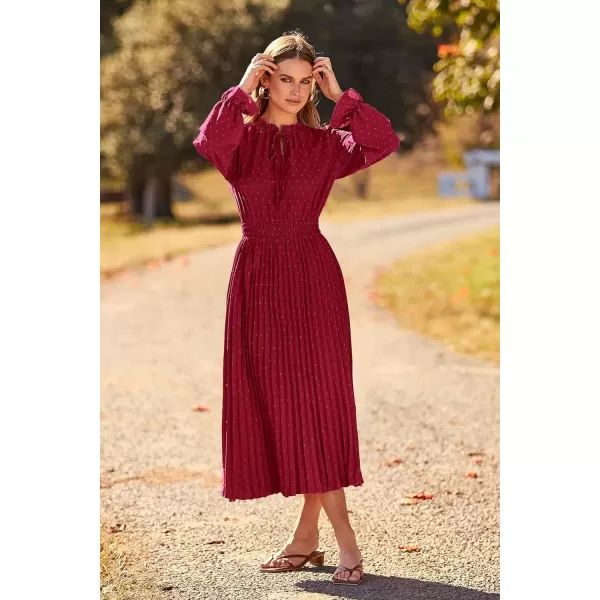 imagePRETTYGARDEN Womens 2024 Fall Midi Dress Casual Long Sleeve V Neck Swiss Dot Pleated A Line Flowy DressesWine Red