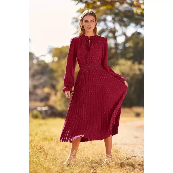 imagePRETTYGARDEN Womens 2024 Fall Midi Dress Casual Long Sleeve V Neck Swiss Dot Pleated A Line Flowy DressesWine Red