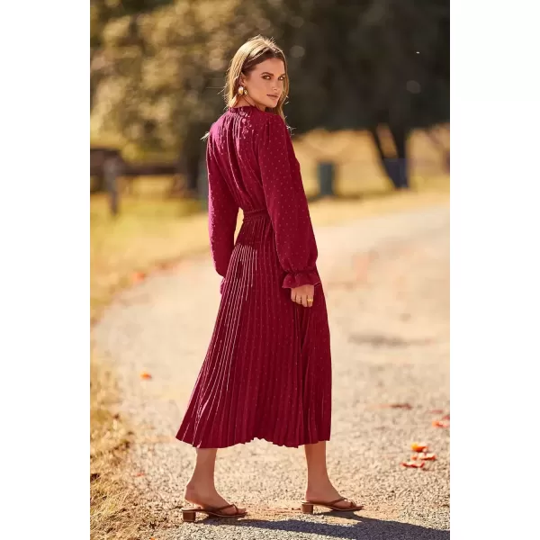 imagePRETTYGARDEN Womens 2024 Fall Midi Dress Casual Long Sleeve V Neck Swiss Dot Pleated A Line Flowy DressesWine Red