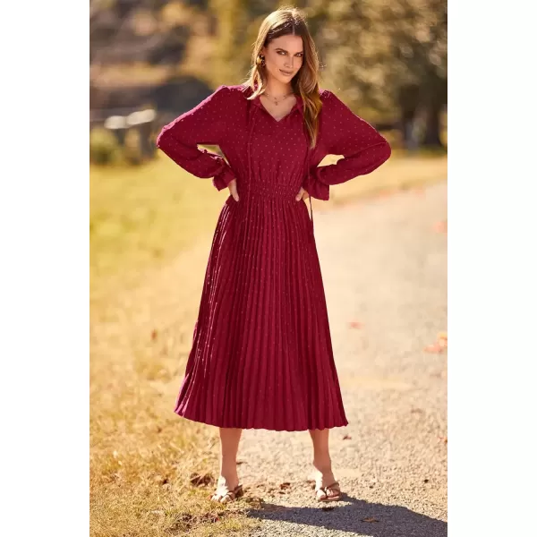 imagePRETTYGARDEN Womens 2024 Fall Midi Dress Casual Long Sleeve V Neck Swiss Dot Pleated A Line Flowy DressesWine Red