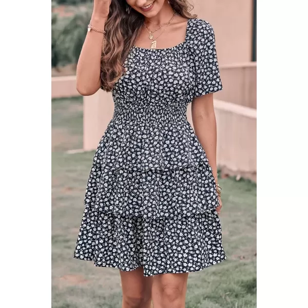 imagePRETTYGARDEN Womens 2024 Floral Summer Short Dress Square Neck Short Sleeve Tiered Ruffle Boho Swing DressesBlack