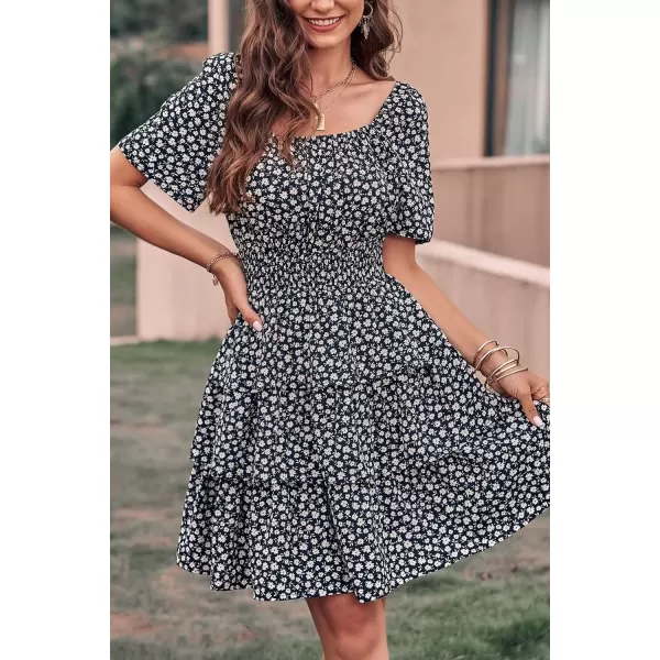 imagePRETTYGARDEN Womens 2024 Floral Summer Short Dress Square Neck Short Sleeve Tiered Ruffle Boho Swing DressesBlack