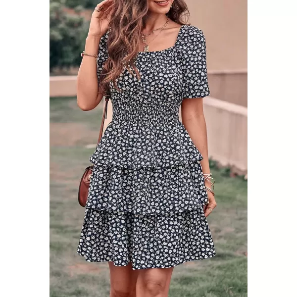 imagePRETTYGARDEN Womens 2024 Floral Summer Short Dress Square Neck Short Sleeve Tiered Ruffle Boho Swing DressesBlack