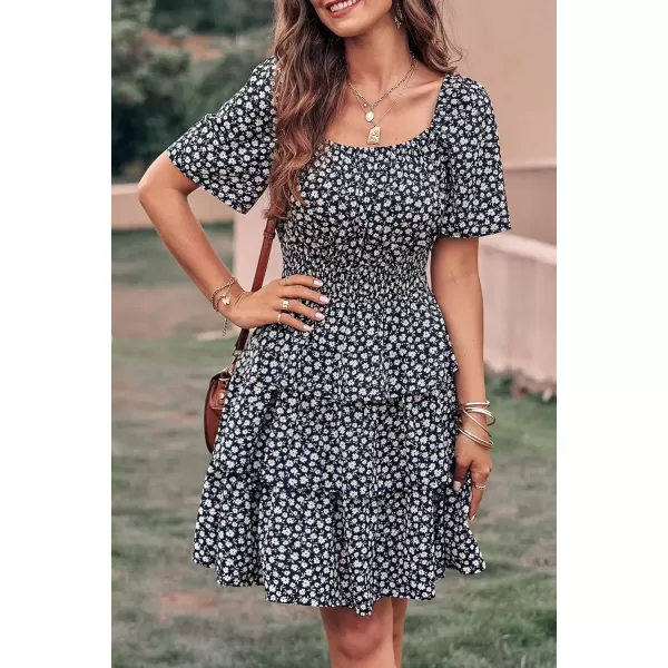 imagePRETTYGARDEN Womens 2024 Floral Summer Short Dress Square Neck Short Sleeve Tiered Ruffle Boho Swing DressesBlack