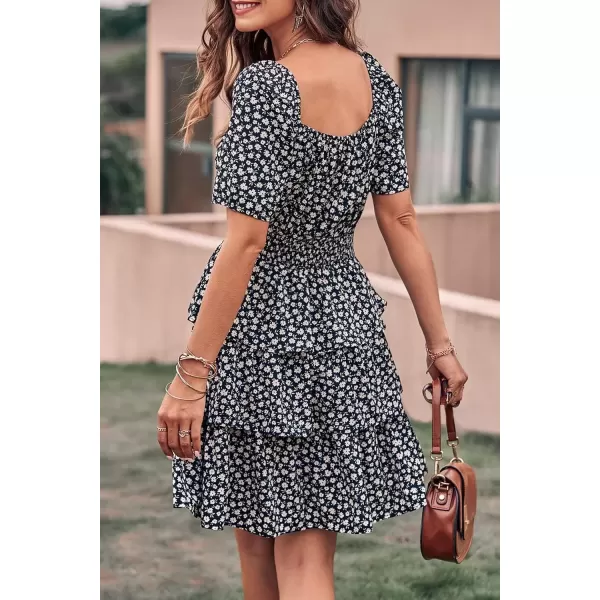 imagePRETTYGARDEN Womens 2024 Floral Summer Short Dress Square Neck Short Sleeve Tiered Ruffle Boho Swing DressesBlack