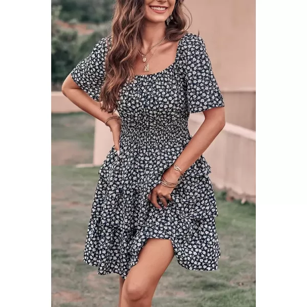 imagePRETTYGARDEN Womens 2024 Floral Summer Short Dress Square Neck Short Sleeve Tiered Ruffle Boho Swing DressesBlack