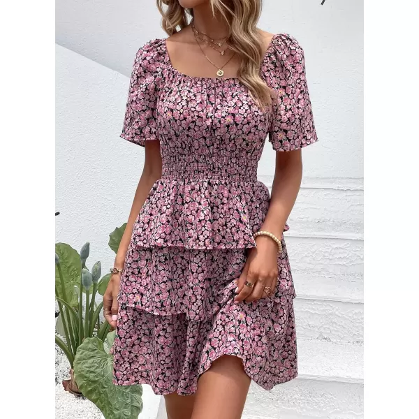 imagePRETTYGARDEN Womens 2024 Floral Summer Short Dress Square Neck Short Sleeve Tiered Ruffle Boho Swing DressesBlack Pink Floral