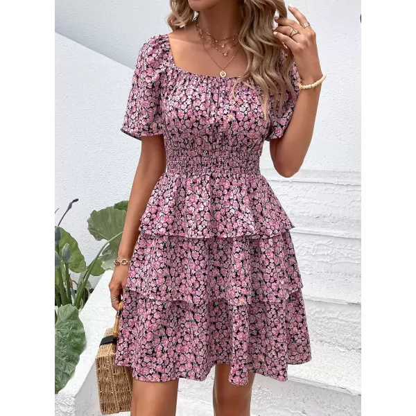 imagePRETTYGARDEN Womens 2024 Floral Summer Short Dress Square Neck Short Sleeve Tiered Ruffle Boho Swing DressesBlack Pink Floral