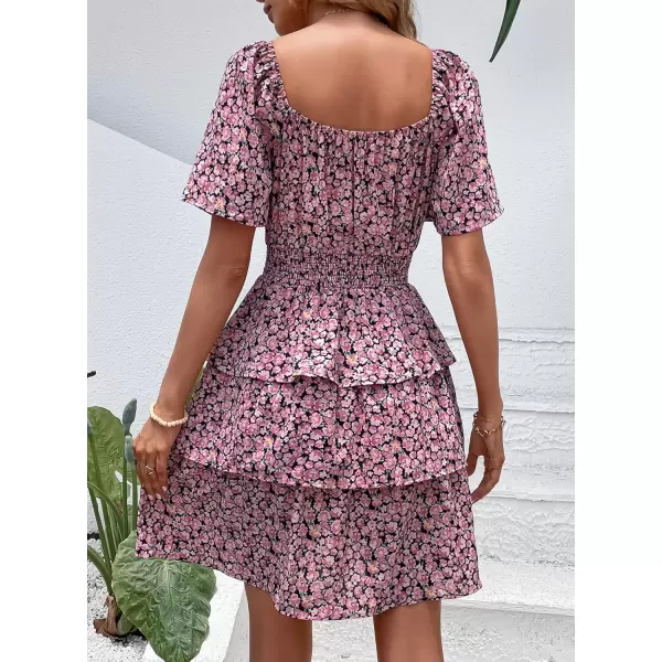 imagePRETTYGARDEN Womens 2024 Floral Summer Short Dress Square Neck Short Sleeve Tiered Ruffle Boho Swing DressesBlack Pink Floral