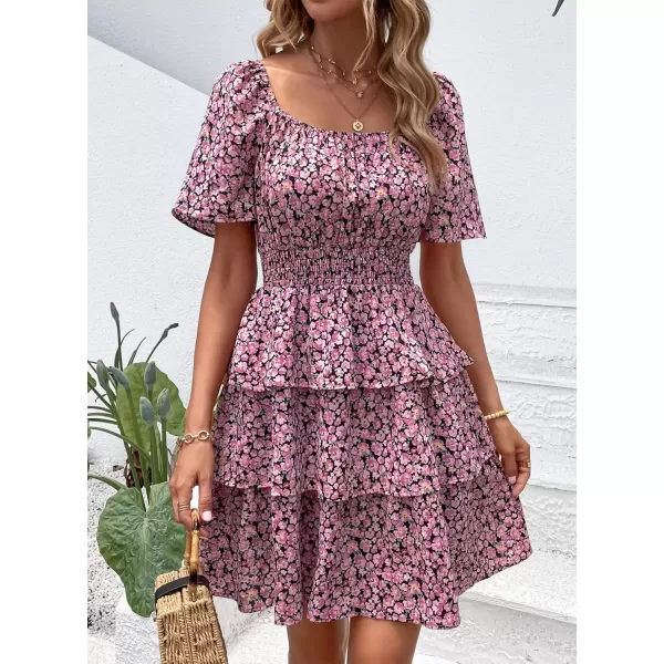 imagePRETTYGARDEN Womens 2024 Floral Summer Short Dress Square Neck Short Sleeve Tiered Ruffle Boho Swing DressesBlack Pink Floral