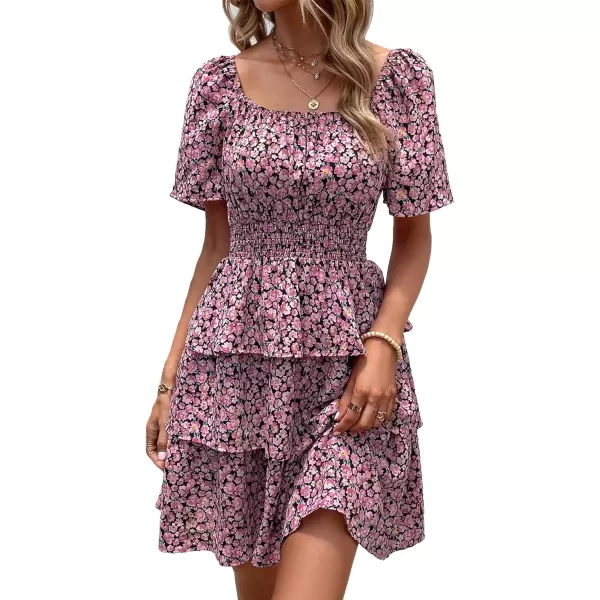 imagePRETTYGARDEN Womens 2024 Floral Summer Short Dress Square Neck Short Sleeve Tiered Ruffle Boho Swing DressesBlack Pink Floral
