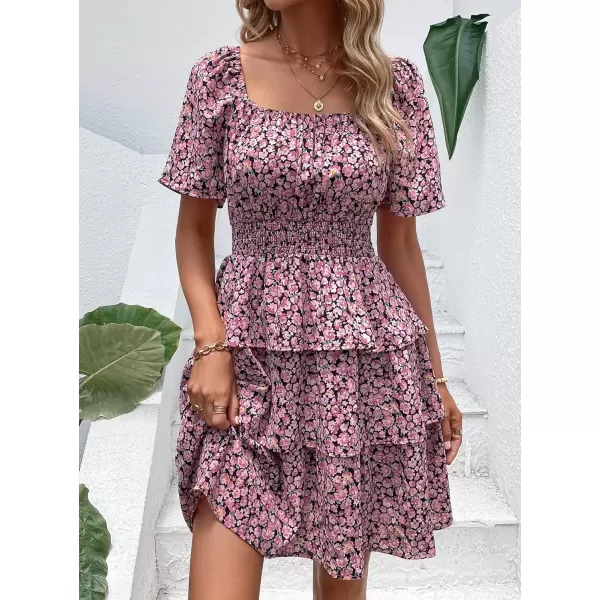 imagePRETTYGARDEN Womens 2024 Floral Summer Short Dress Square Neck Short Sleeve Tiered Ruffle Boho Swing DressesBlack Pink Floral