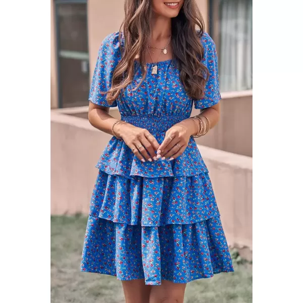 imagePRETTYGARDEN Womens 2024 Floral Summer Short Dress Square Neck Short Sleeve Tiered Ruffle Boho Swing DressesBlue