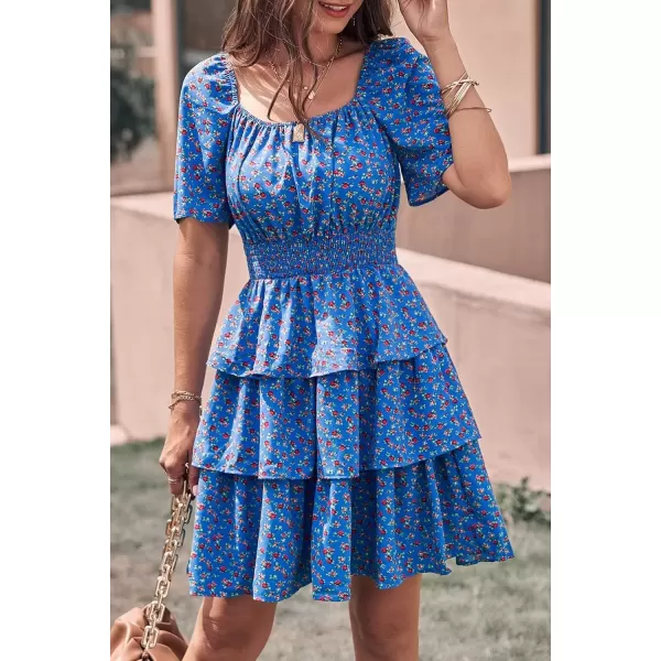 imagePRETTYGARDEN Womens 2024 Floral Summer Short Dress Square Neck Short Sleeve Tiered Ruffle Boho Swing DressesBlue