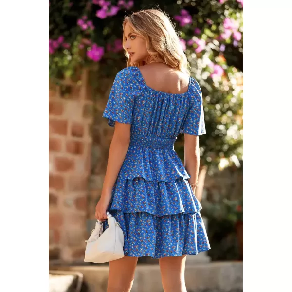 imagePRETTYGARDEN Womens 2024 Floral Summer Short Dress Square Neck Short Sleeve Tiered Ruffle Boho Swing DressesBlue