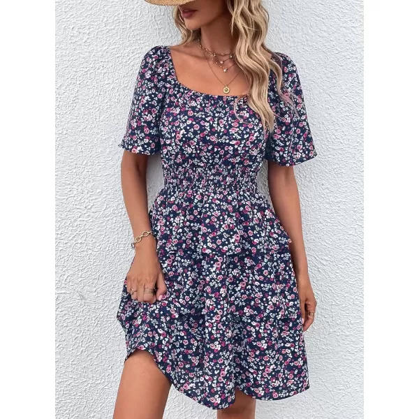 imagePRETTYGARDEN Womens 2024 Floral Summer Short Dress Square Neck Short Sleeve Tiered Ruffle Boho Swing DressesBlue Purple Floral