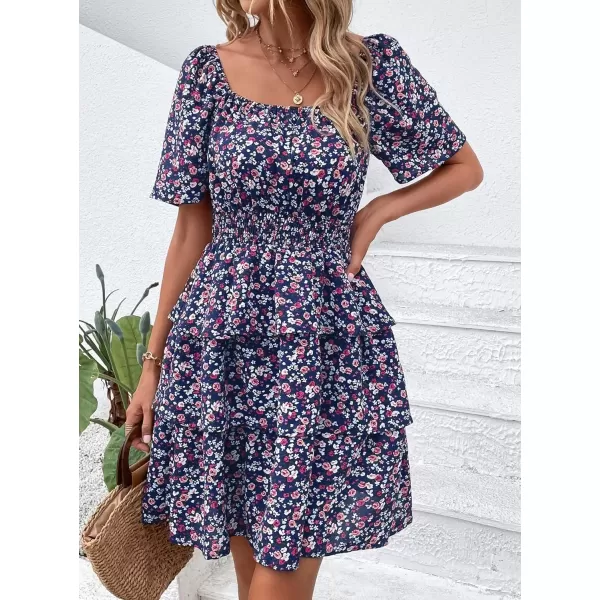 imagePRETTYGARDEN Womens 2024 Floral Summer Short Dress Square Neck Short Sleeve Tiered Ruffle Boho Swing DressesBlue Purple Floral