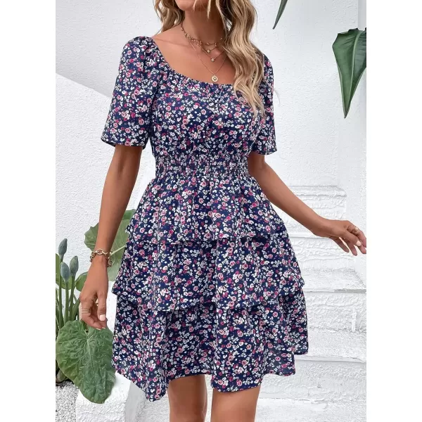 imagePRETTYGARDEN Womens 2024 Floral Summer Short Dress Square Neck Short Sleeve Tiered Ruffle Boho Swing DressesBlue Purple Floral