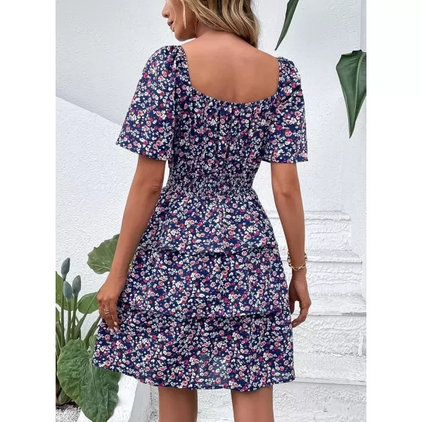 imagePRETTYGARDEN Womens 2024 Floral Summer Short Dress Square Neck Short Sleeve Tiered Ruffle Boho Swing DressesBlue Purple Floral