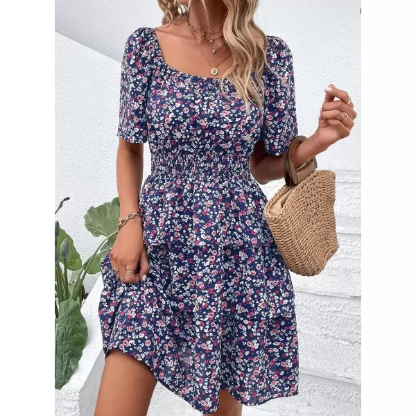imagePRETTYGARDEN Womens 2024 Floral Summer Short Dress Square Neck Short Sleeve Tiered Ruffle Boho Swing DressesBlue Purple Floral