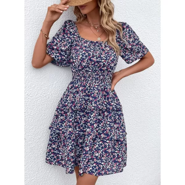 imagePRETTYGARDEN Womens 2024 Floral Summer Short Dress Square Neck Short Sleeve Tiered Ruffle Boho Swing DressesBlue Purple Floral