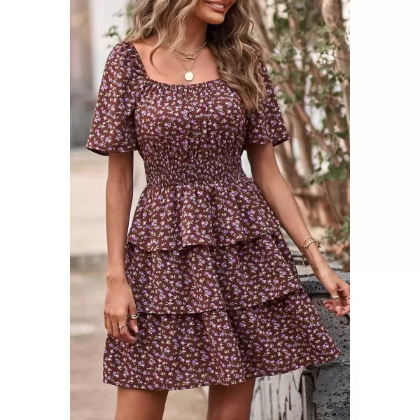 imagePRETTYGARDEN Womens 2024 Floral Summer Short Dress Square Neck Short Sleeve Tiered Ruffle Boho Swing DressesCoffee
