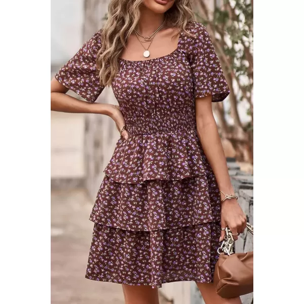 imagePRETTYGARDEN Womens 2024 Floral Summer Short Dress Square Neck Short Sleeve Tiered Ruffle Boho Swing DressesCoffee