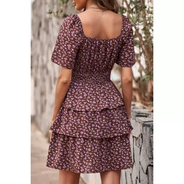 imagePRETTYGARDEN Womens 2024 Floral Summer Short Dress Square Neck Short Sleeve Tiered Ruffle Boho Swing DressesCoffee