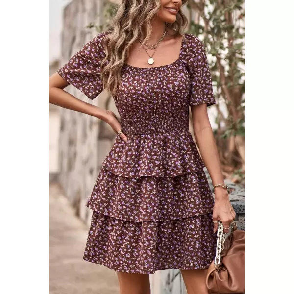 imagePRETTYGARDEN Womens 2024 Floral Summer Short Dress Square Neck Short Sleeve Tiered Ruffle Boho Swing DressesCoffee