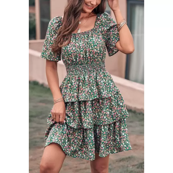 imagePRETTYGARDEN Womens 2024 Floral Summer Short Dress Square Neck Short Sleeve Tiered Ruffle Boho Swing DressesDark Green