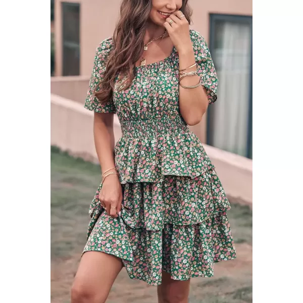 imagePRETTYGARDEN Womens 2024 Floral Summer Short Dress Square Neck Short Sleeve Tiered Ruffle Boho Swing DressesDark Green