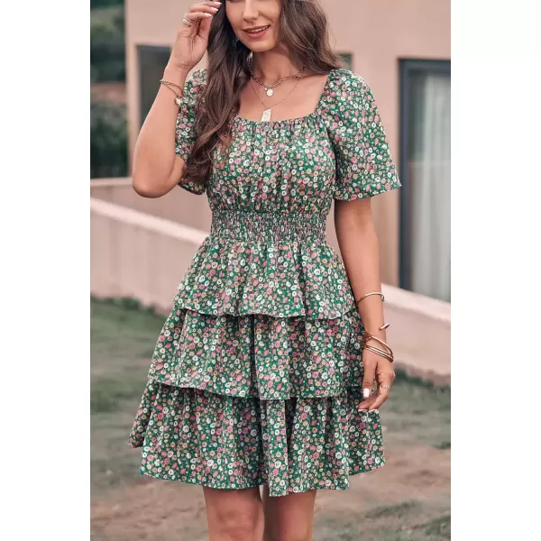 imagePRETTYGARDEN Womens 2024 Floral Summer Short Dress Square Neck Short Sleeve Tiered Ruffle Boho Swing DressesDark Green